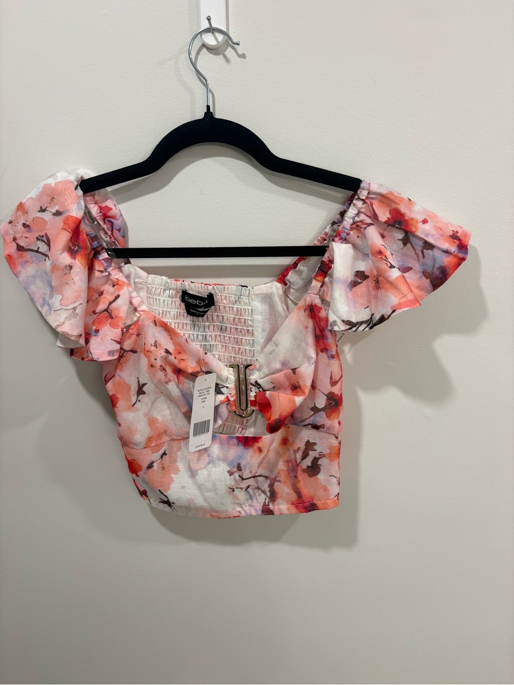 bebe White Pink Orange Floral Off-Shoulder Crop Top